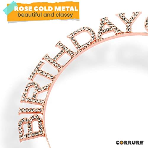CORRURE Rose Gold Rhinestone Headband Tiara for Birthday Celebrations
