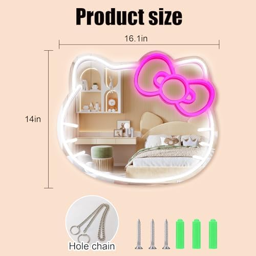 Neon Cat Wall Mirror with Lights and USB Power