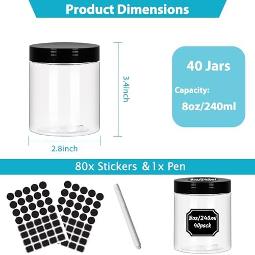 8 oz Clear Plastic Round Jars with Black Lids 40pcs