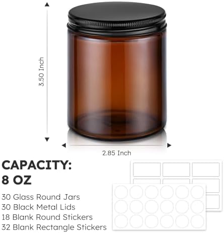 8oz Amber Glass Jars with Lids 30 Pcs