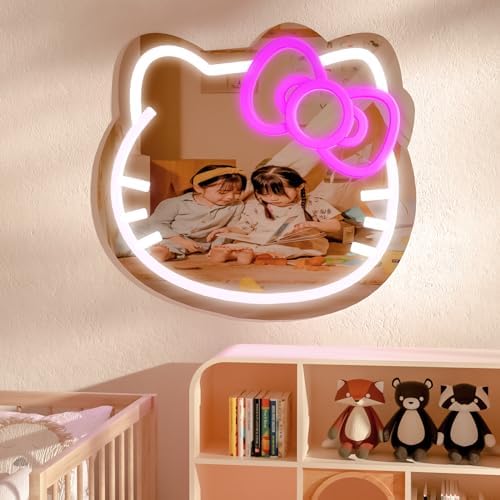 Neon Cat Wall Mirror with Lights and USB Power