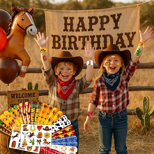 48PCS Cowboy Party Set Temporary Tattoos Slap Bracelets for Kids