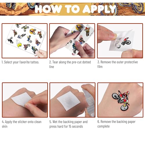 Dirt Bike Temporary Tattoos 96 PCS 8 Sheets Cartoon Themed Party Supplies