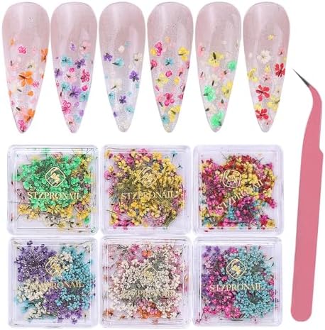Dried Flowers Nail Art Stickers 6 Boxes with Tweezers