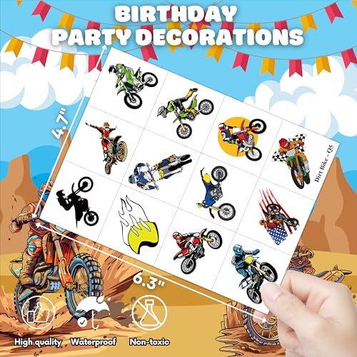 Dirt Bike Temporary Tattoos 96 PCS 8 Sheets Cartoon Themed Party Supplies