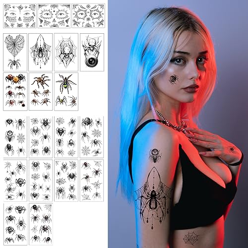 CARGEN Halloween Spider Skull Temporary Tattoos 20 Sheets 141 Designs