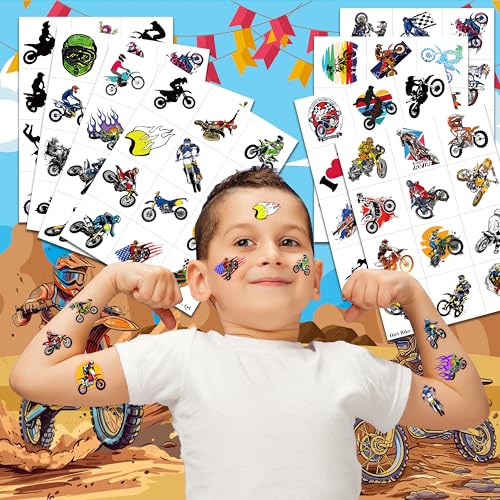 Dirt Bike Temporary Tattoos 96 PCS 8 Sheets Cartoon Themed Party Supplies