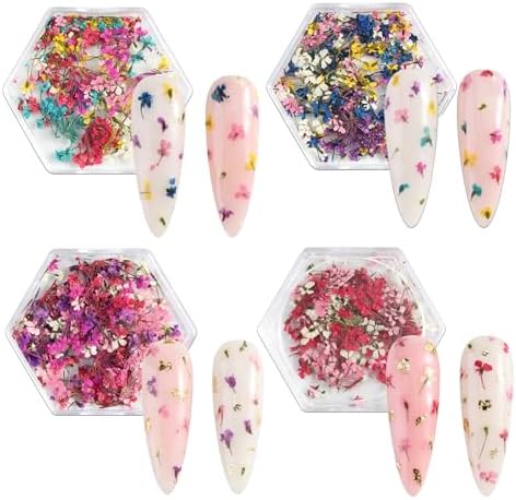 SILPECWEE 4 Boxes 3D Dried Flowers Nail Art Stickers
