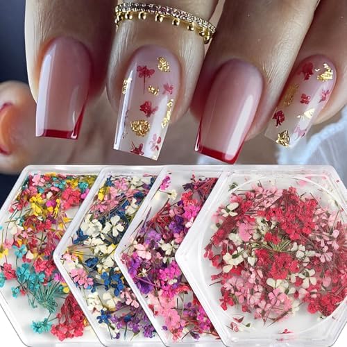 SILPECWEE 4 Boxes 3D Dried Flowers Nail Art Stickers
