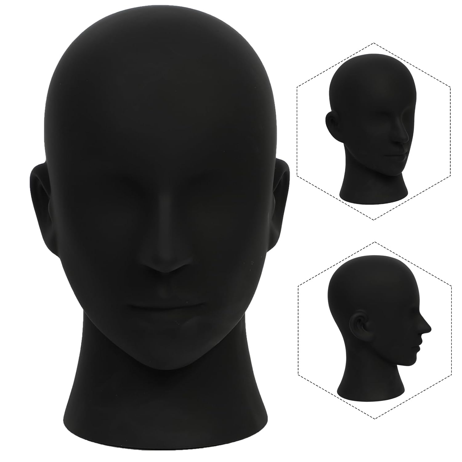 Male Mannequin Head PVC Matte Black Display Stand