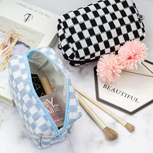 PAZIMIIK Checkered Cosmetic Bag Set for Travel 6PCS Blue