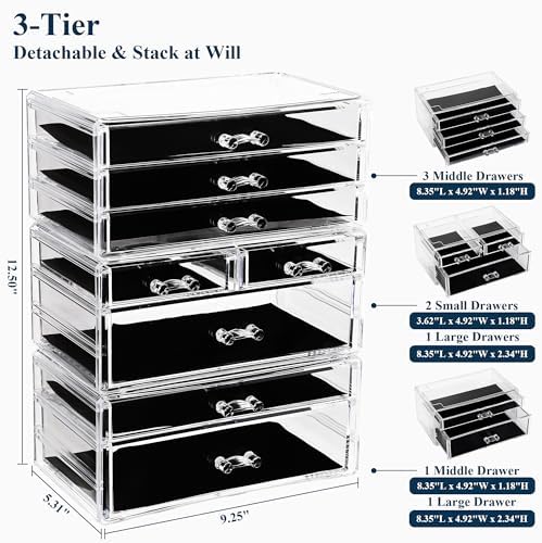 Sea Team 3-Tier Clear Makeup Organizer with 8 Drawers