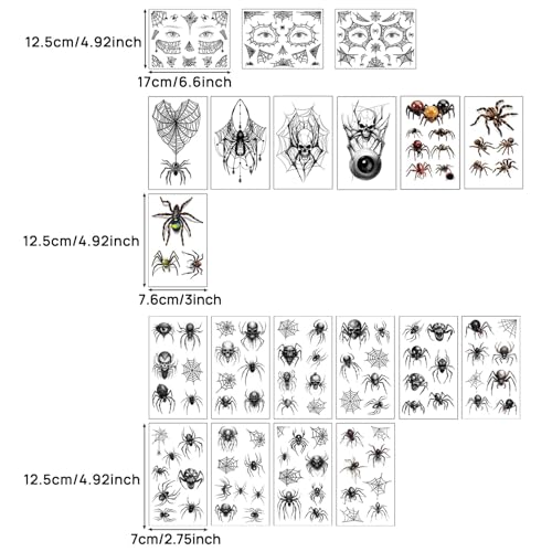 CARGEN Halloween Spider Skull Temporary Tattoos 20 Sheets 141 Designs