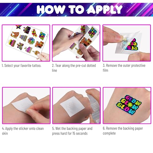 Neon Temporary Tattoos Party Decor 96 PCS 8 Sheets
