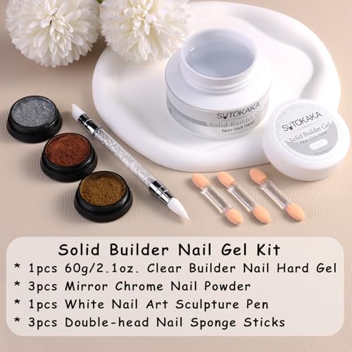 Solid Builder Gel for Nails with Chrome Powder and Sculpting Pen