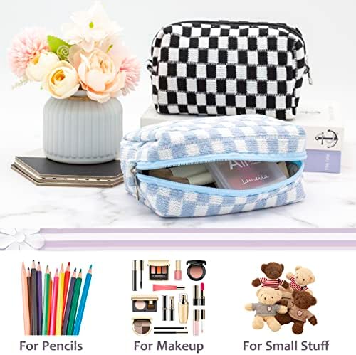 PAZIMIIK Checkered Cosmetic Bag Set for Travel 6PCS Blue