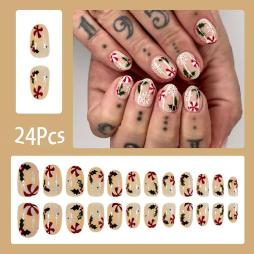 Christmas Press On Nails 24Pcs Set for Women Girls