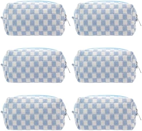 PAZIMIIK Checkered Cosmetic Bag Set for Travel 6PCS Blue