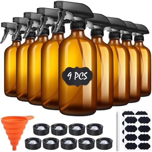 9 Pack Refillable Amber Glass Spray Bottles 16oz