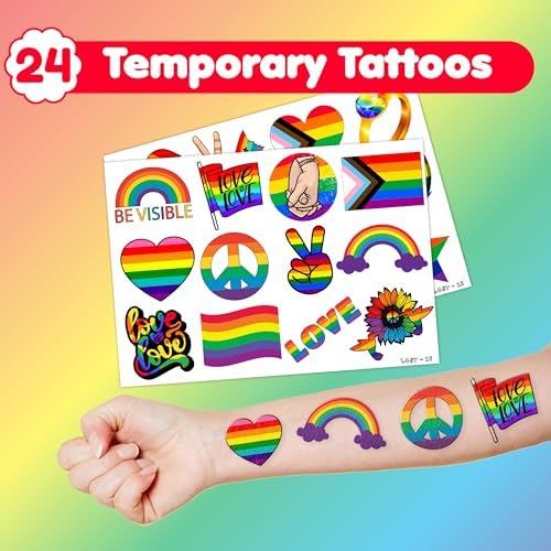 48PCS Pride Party Set 24PCS Rainbow Temporary Tattoos 24PCS Slap Bracelets