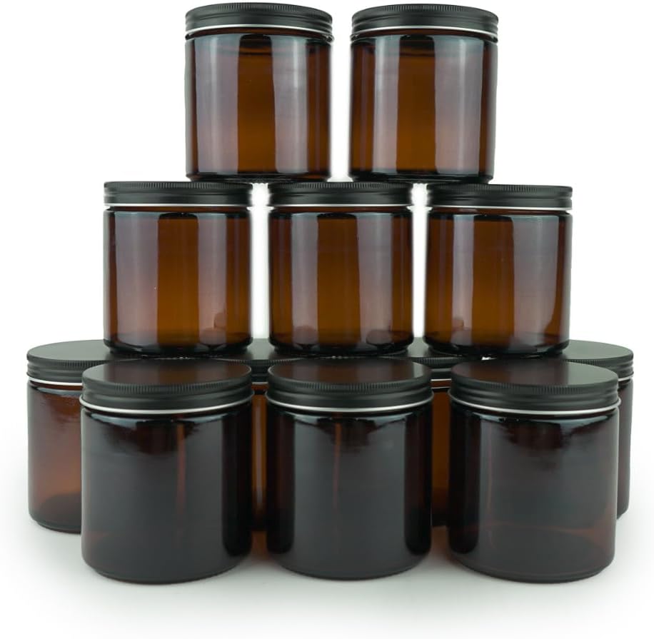 Glass Amber 16oz Jar 12 Pack Black Lid