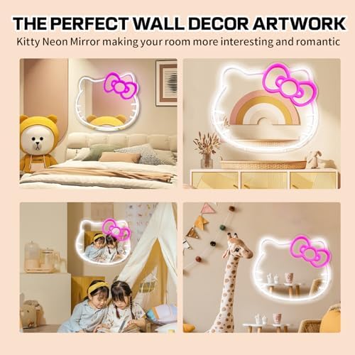 Neon Cat Wall Mirror with Lights and USB Power