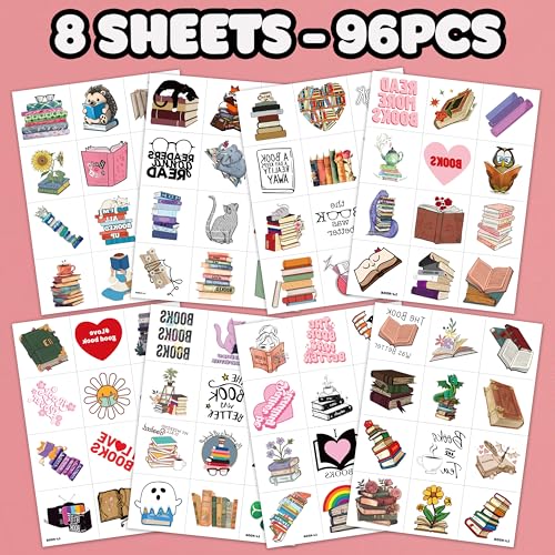 96 Pcs Book Themed Temporary Tattoos Sticker Sheet Set