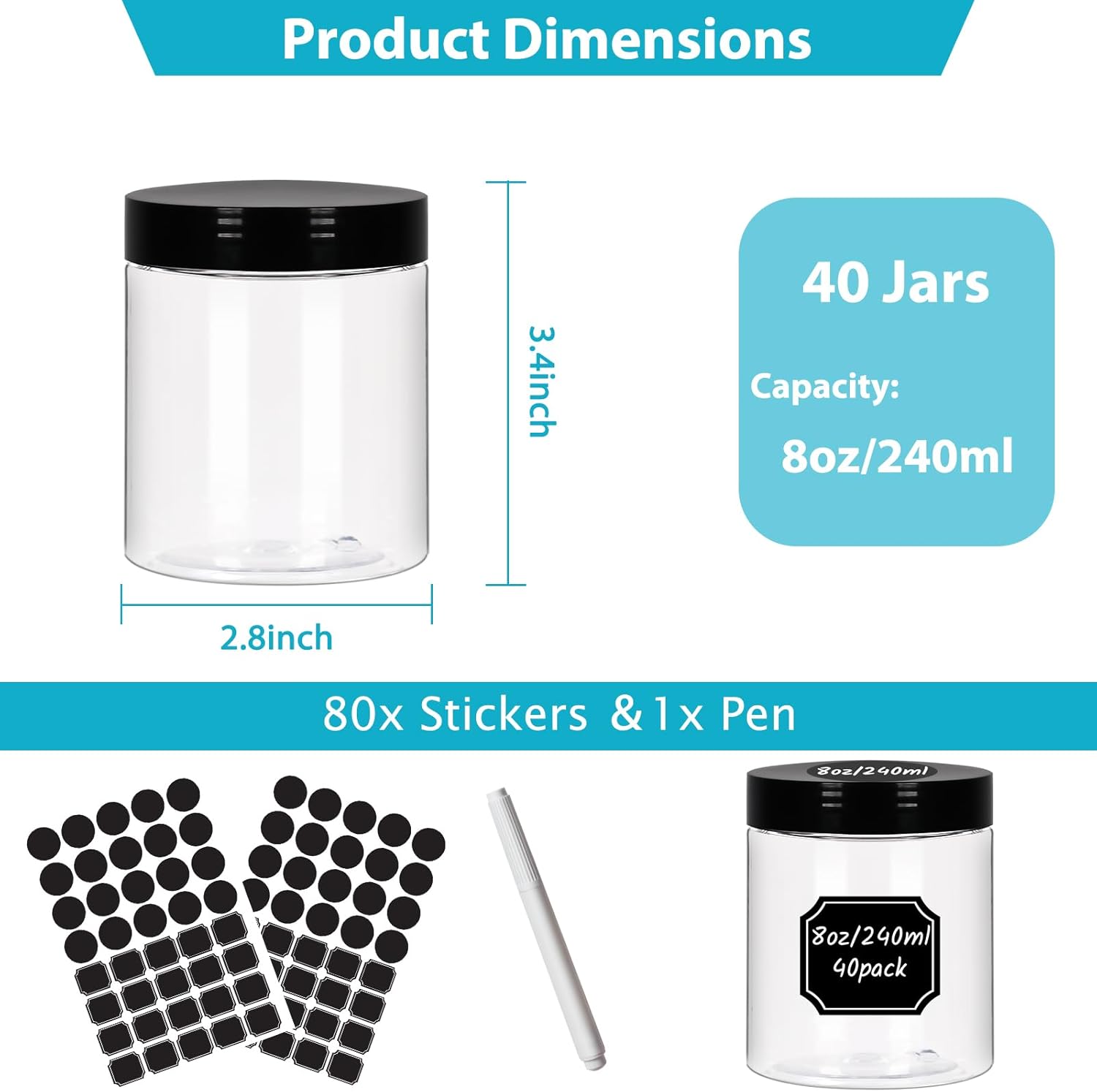 8 oz Clear Plastic Round Jars with Black Lids 40pcs