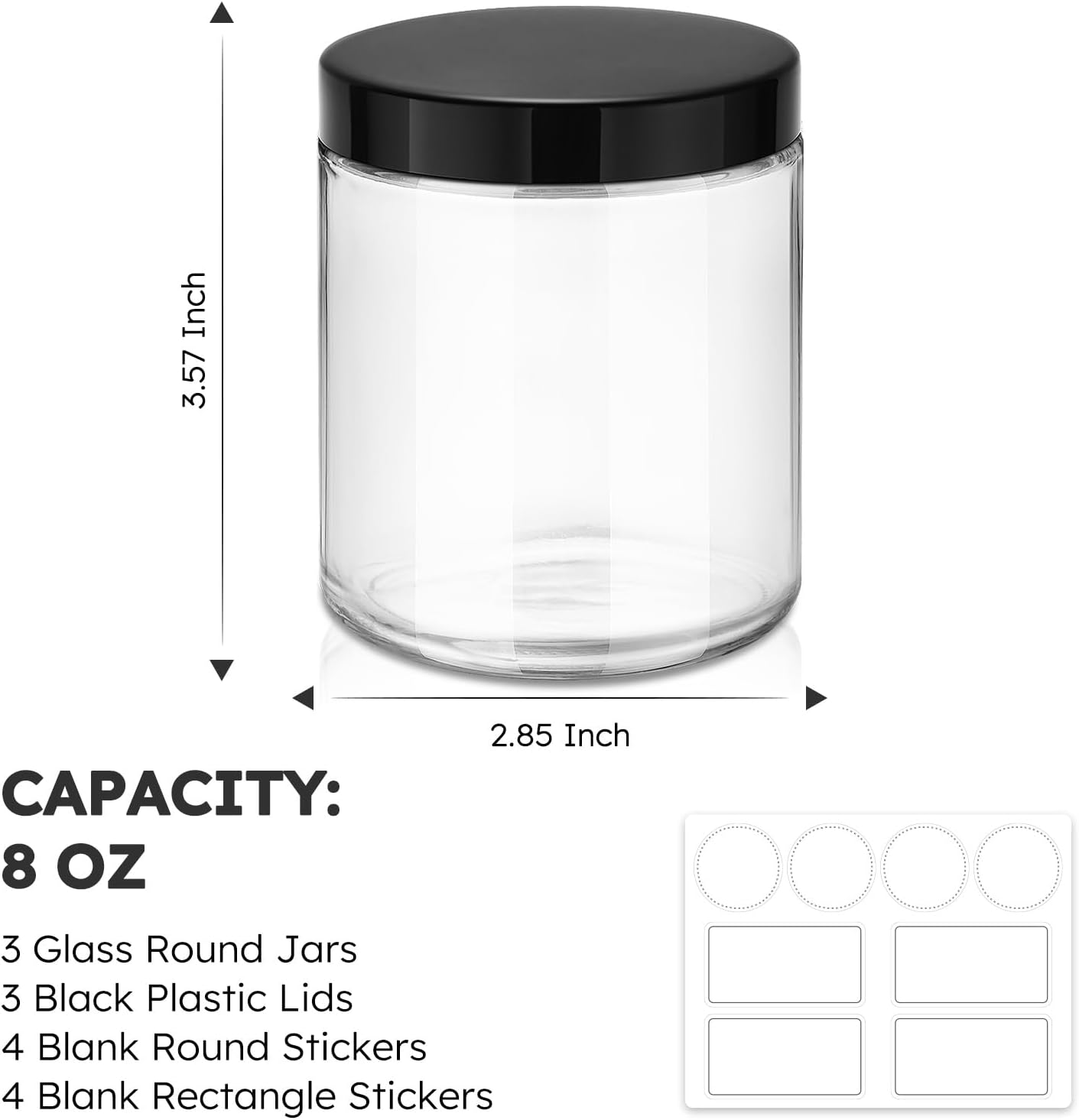8oz Clear Glass Jars with Lids 3 Pack