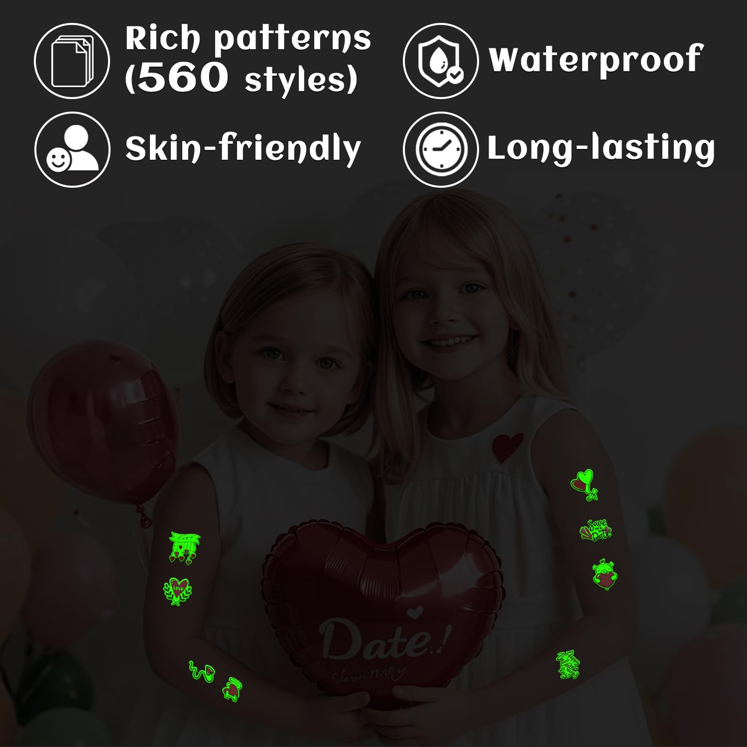 Partywind 560 Style Glow Valentine Tattoos for Kids Party Supplies
