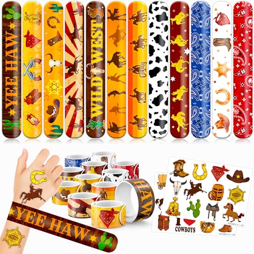 48PCS Cowboy Party Set Temporary Tattoos Slap Bracelets for Kids