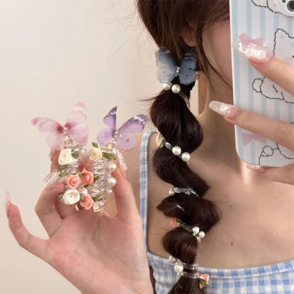 5pcs Telephone Wire Hair Bands with Pearls and Flowers