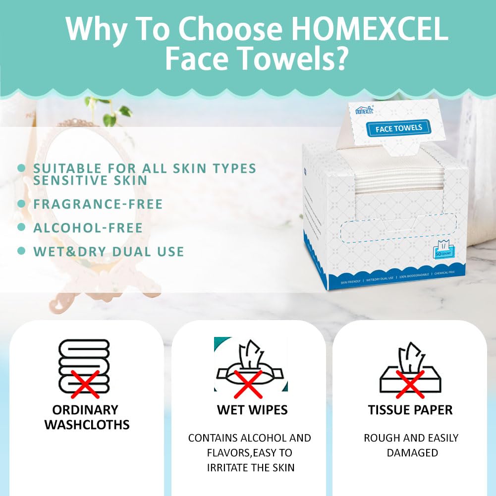 HOMEXCEL Biodegradable Face Towels 50 Count