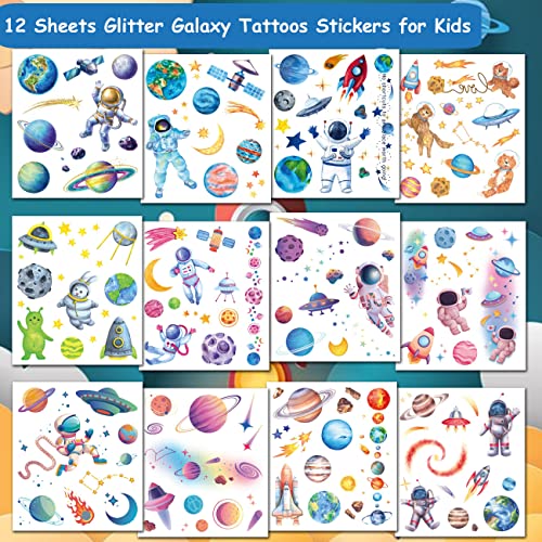 Glitter Galaxy Temporary Tattoos for Kids - 12 Sheets