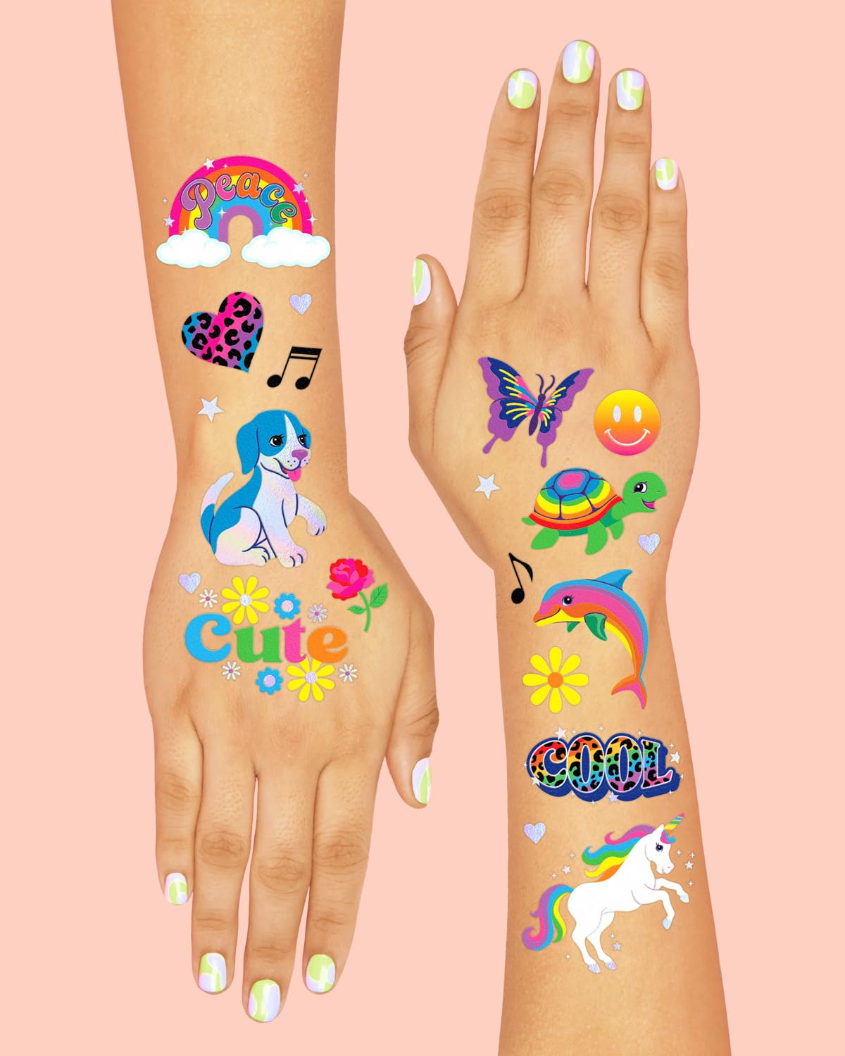 XO Fetti Cute Neon Rainbow Animal Temporary Tattoos - 68 Iridescent Foil Pcs