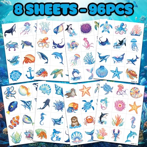 96 PCS Ocean Sea Animal Temporary Tattoos for Kids