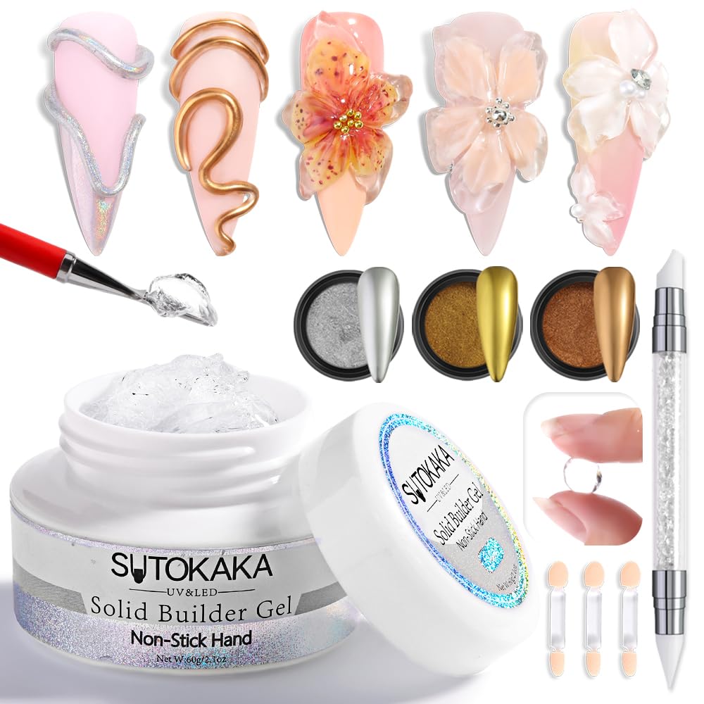 Solid Builder Gel for Nails with Chrome Powder and Sculpting Pen