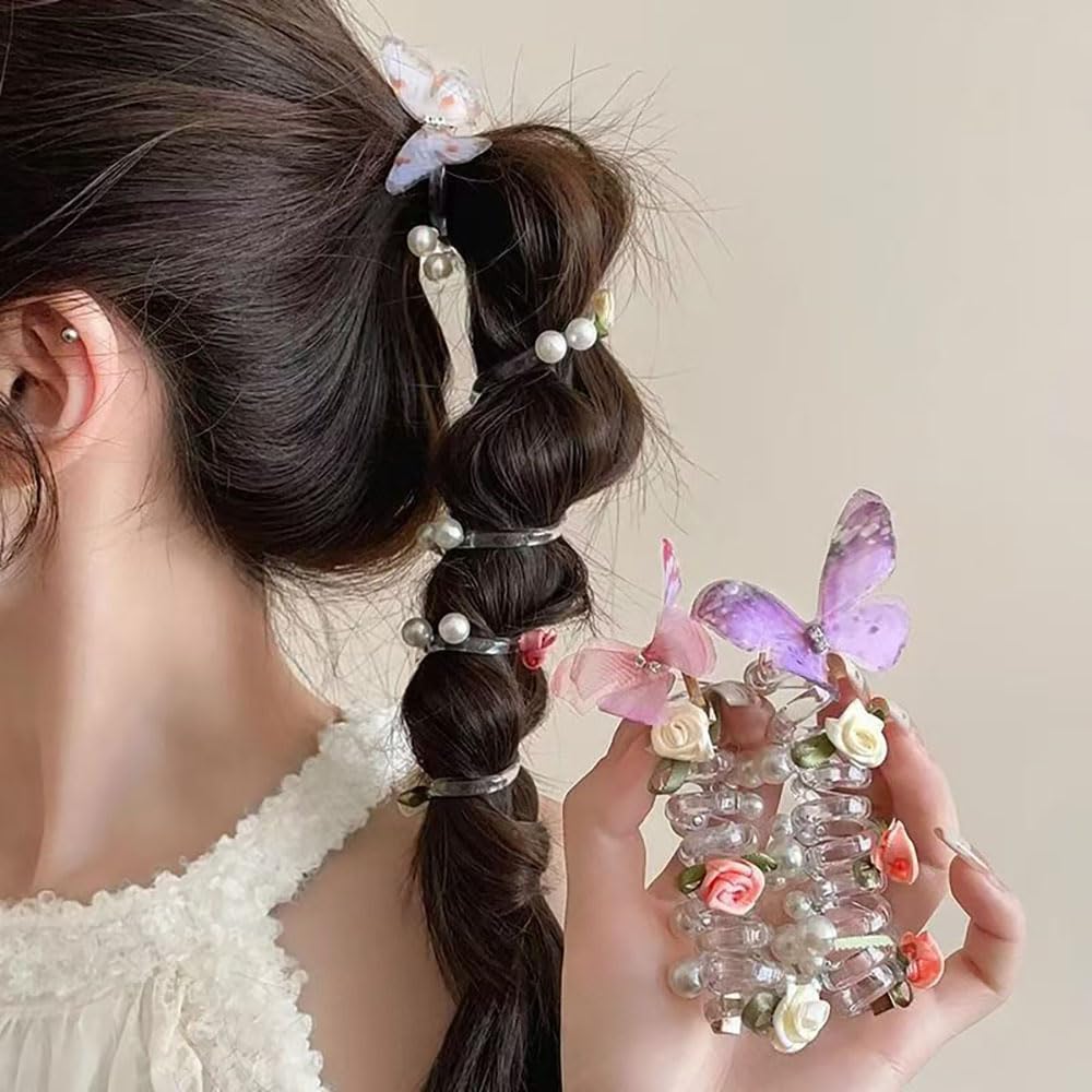 5pcs Telephone Wire Hair Bands with Pearls and Flowers