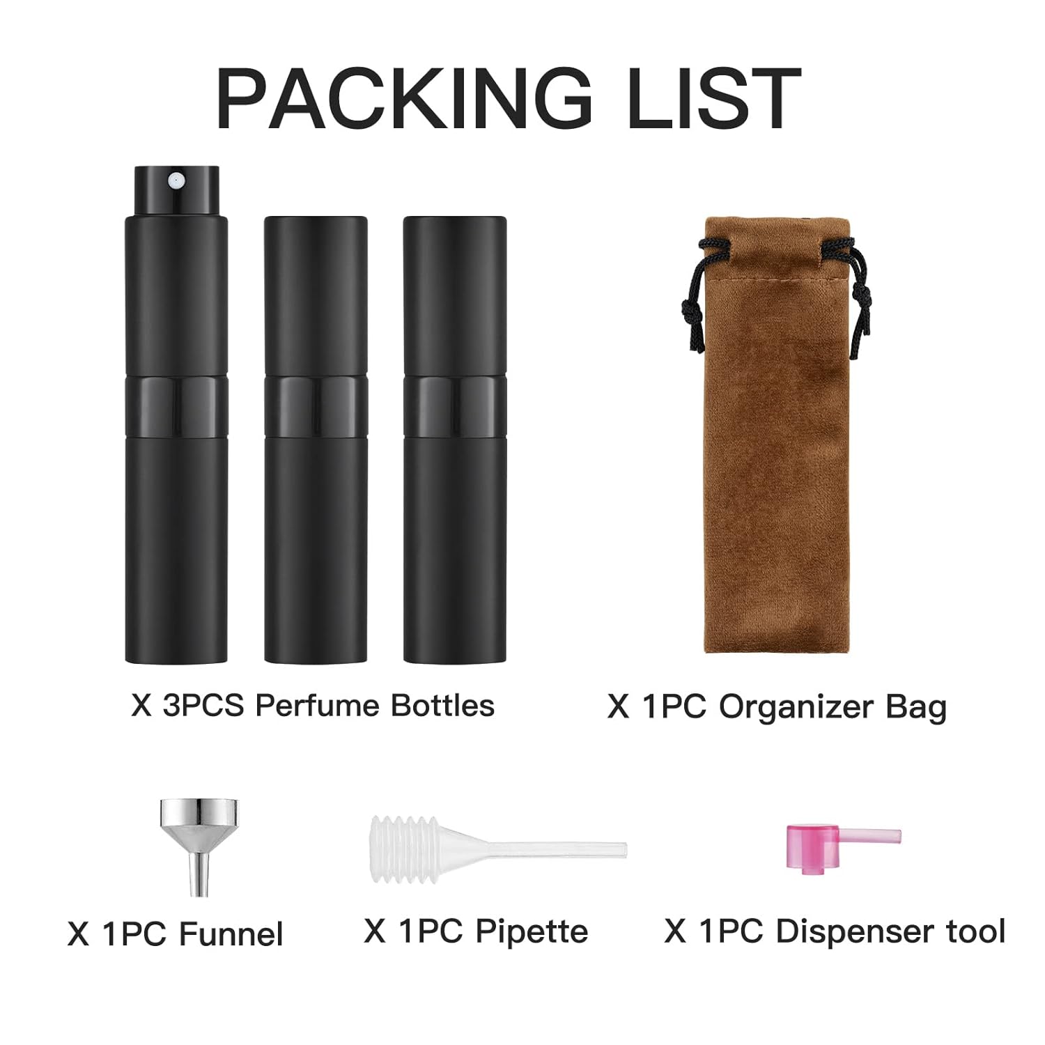 LISAPACK 8ML Perfume Spray Bottle Set 3PCS Portable Travel Dispenser Black