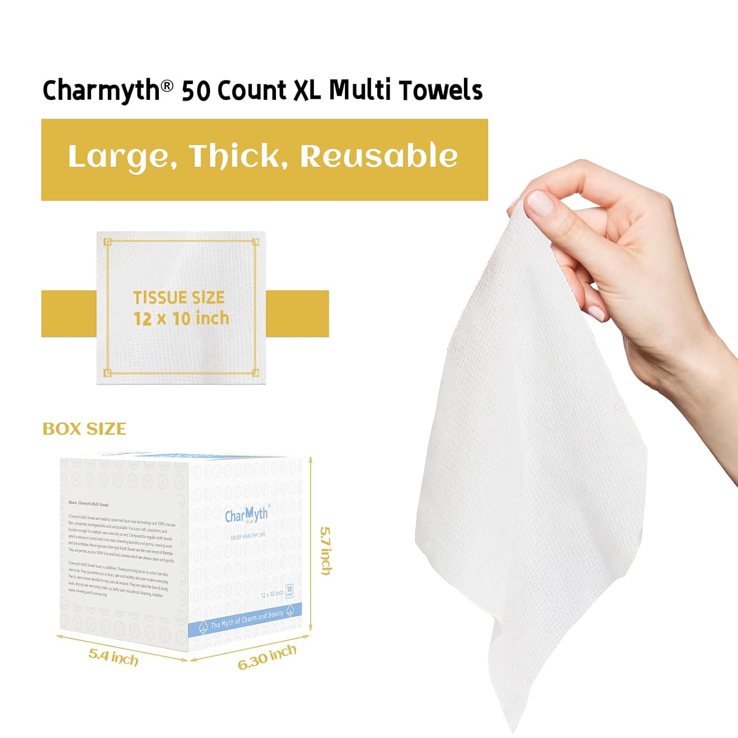Charmyth Disposable Face Towels XL 50 Count Extra Thick Ultra Soft