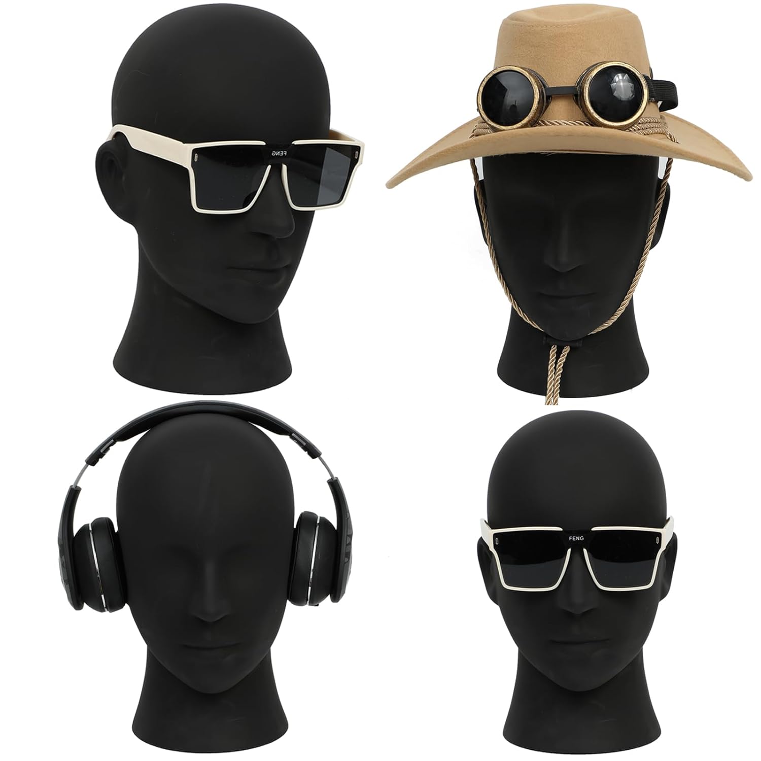 Male Mannequin Head PVC Matte Black Display Stand