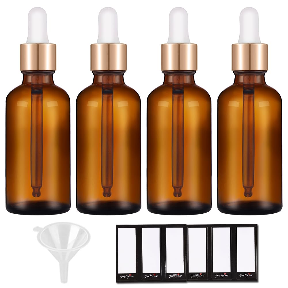 PrettyCare 2 oz Amber Glass Dropper Bottles 4 Pack