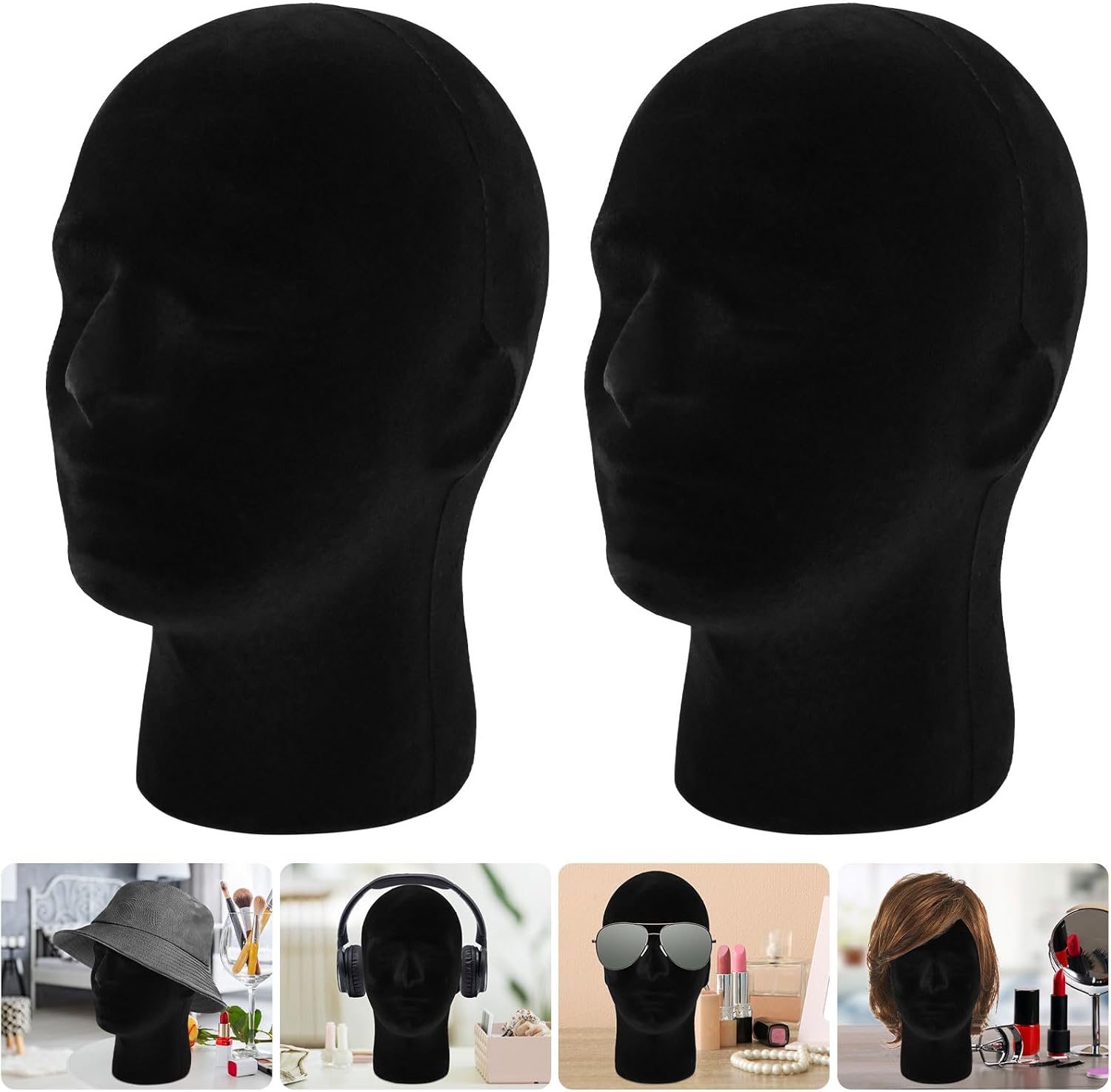 2 Pack Black Mannequin Head Stand for Wigs Hats Masks