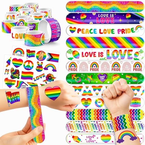 48PCS Pride Party Set 24PCS Rainbow Temporary Tattoos 24PCS Slap Bracelets