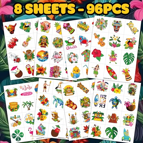 96 PCS Hawaiian Pre-Cut Temporary Tattoos Party Decorations