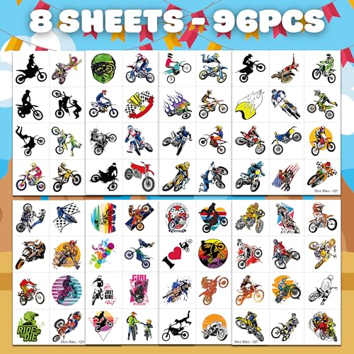 Dirt Bike Temporary Tattoos 96 PCS 8 Sheets Cartoon Themed Party Supplies