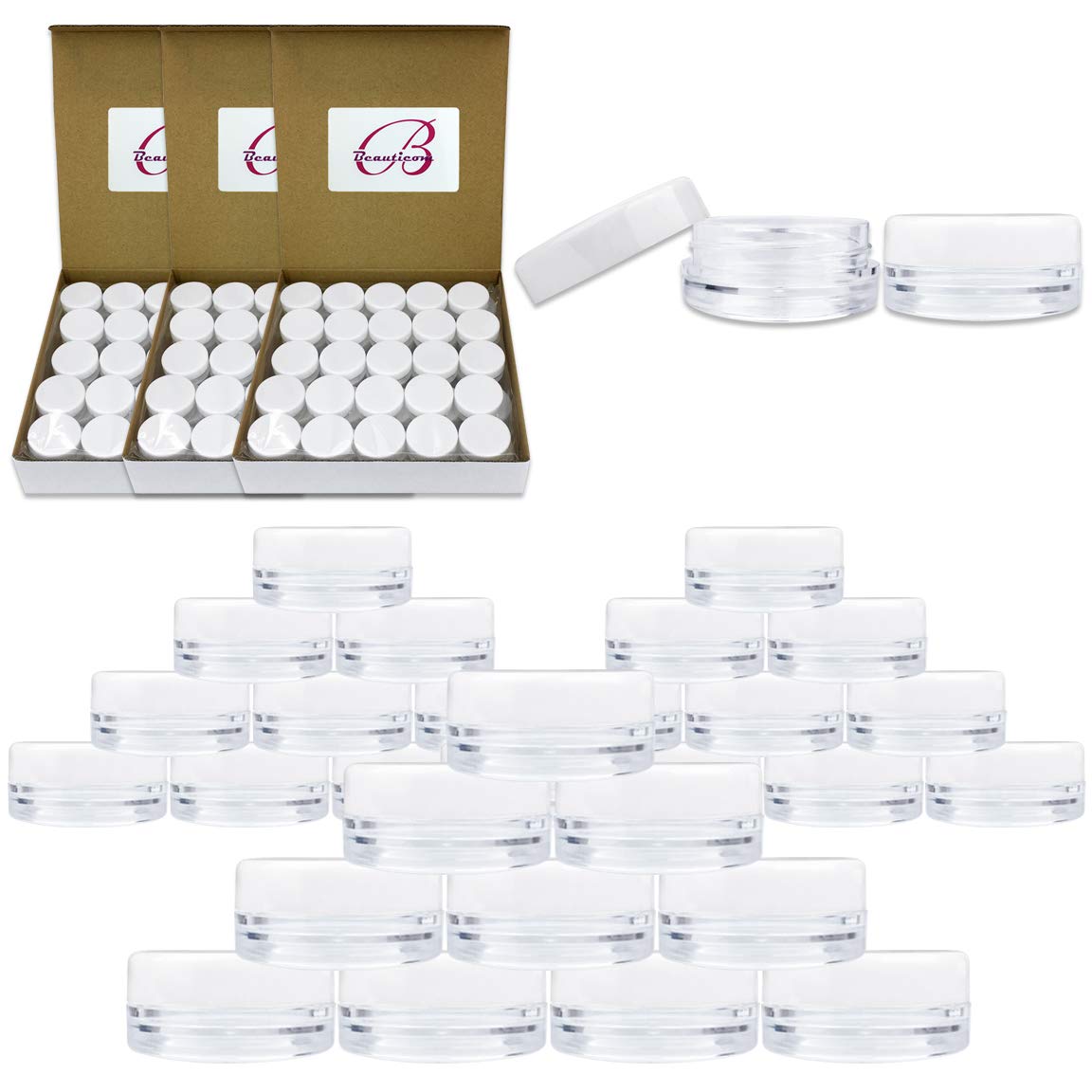 Beauticom 200 Pcs 3G Clear Jars with White Lids