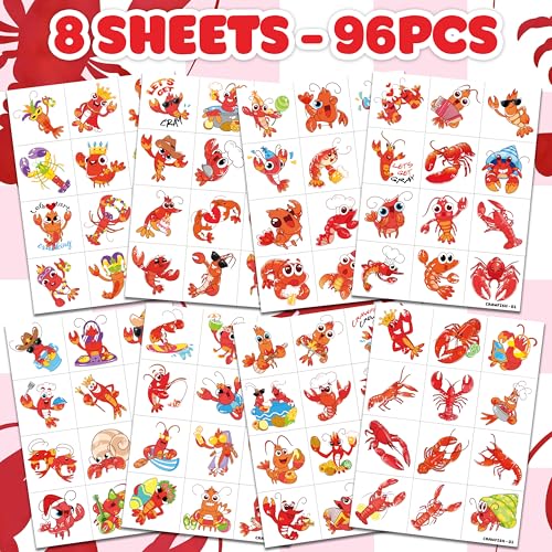 96 PCS Crawfish Themed Temporary Tattoos for Kids