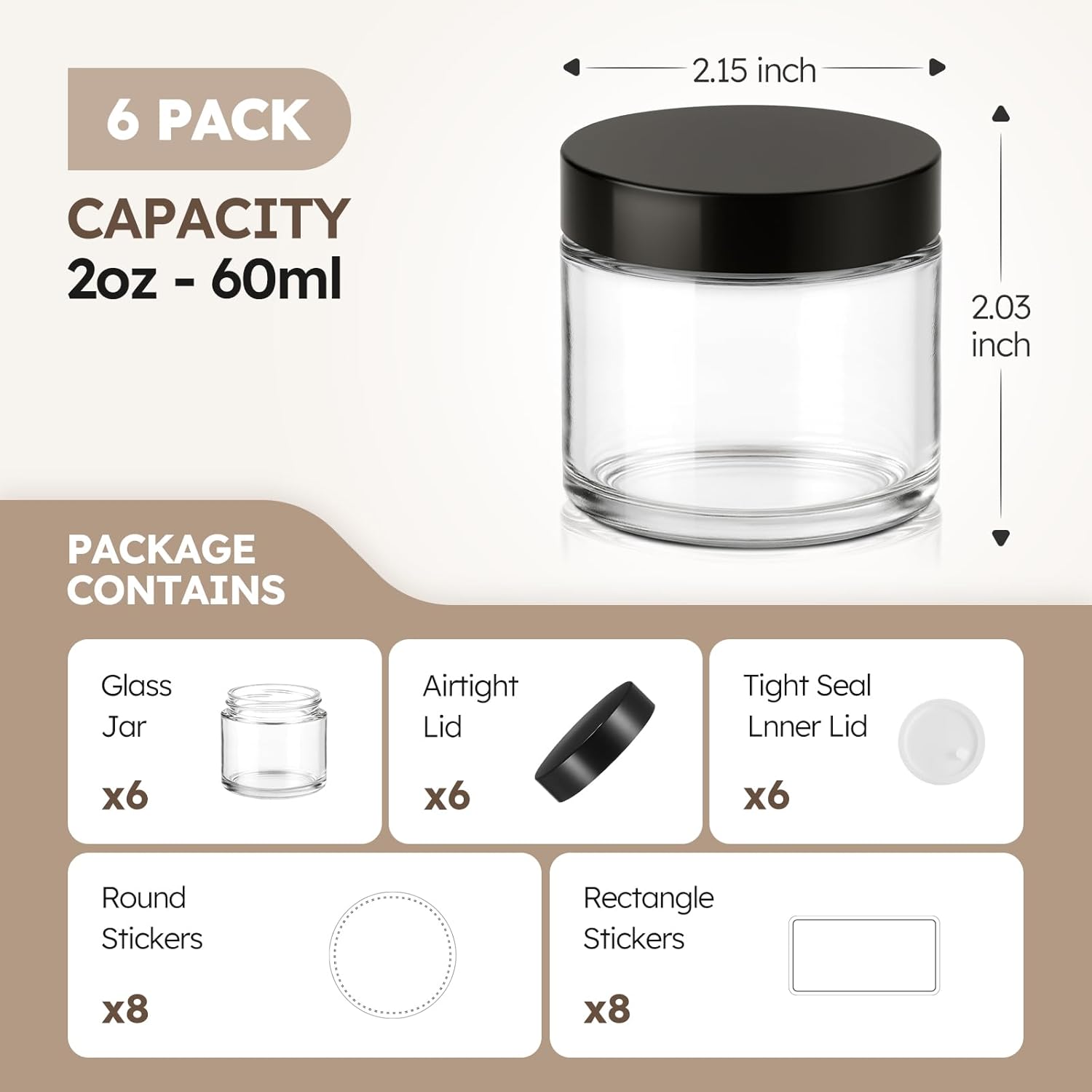 2 oz Glass Jars with Lids 6 Pack Clear Cosmetic Travel Containers