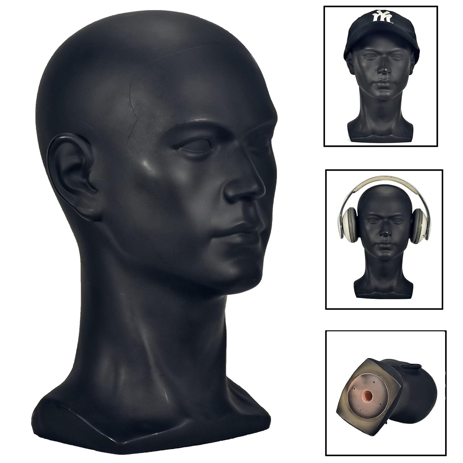 FanLin Professional Male Mannequin Head Display Stand Matte Black